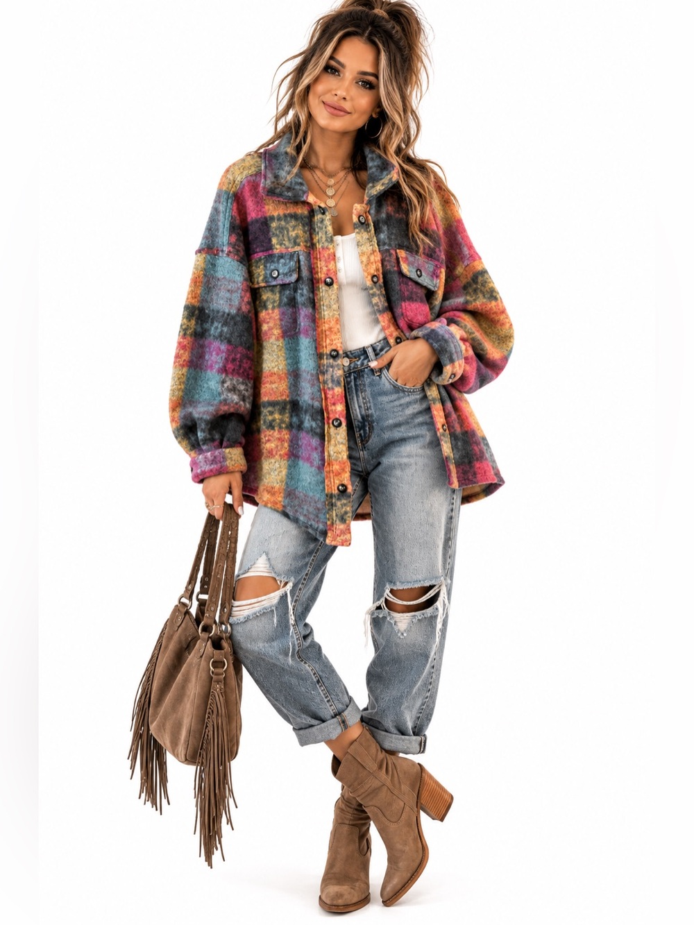 Bibi Multicolor Plaid Fuzzy Shacket Jacket Button Front Boho Fall Size Medium